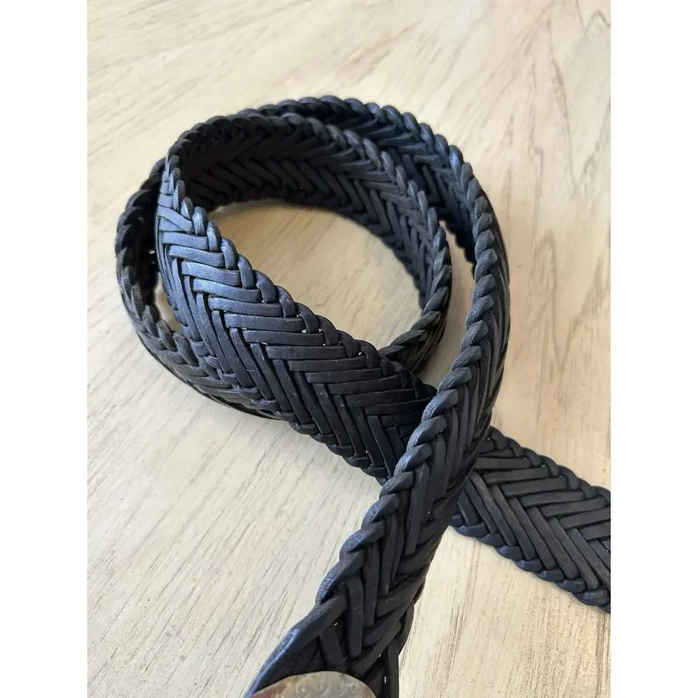 VTG 70s Moroccan Belt Boho Braided Leather BLACK Handmade Silver Buckle Gypsy